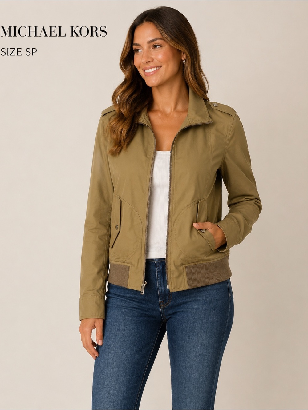 Michael Kors Petite Small Utility Bomber Jacket Tan Zip
Front